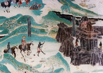 Detalj av kartan över Wutai-berget (Wutaishan), en väggmålning gjord under de fem dynastierna (907 - 960) i Dunhuang-grottorna, som visar typisk arkitektonisk stil i de västra regionerna